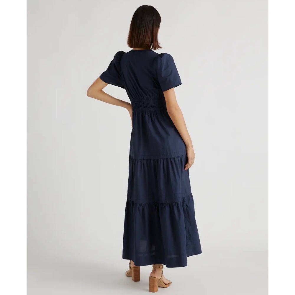 Quince Womens Navy Blue Cotton Poplin Tiered Maxi Dress Smocked Waist Size M NWT - Picture 2 of 9